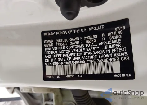 2020 Honda Civic Sport z USA, uszkodzony, nr VIN SHHFK7H42LU401400